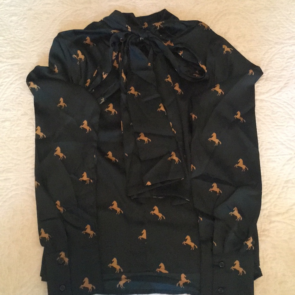 Dark green satiny blouse with stallions XS